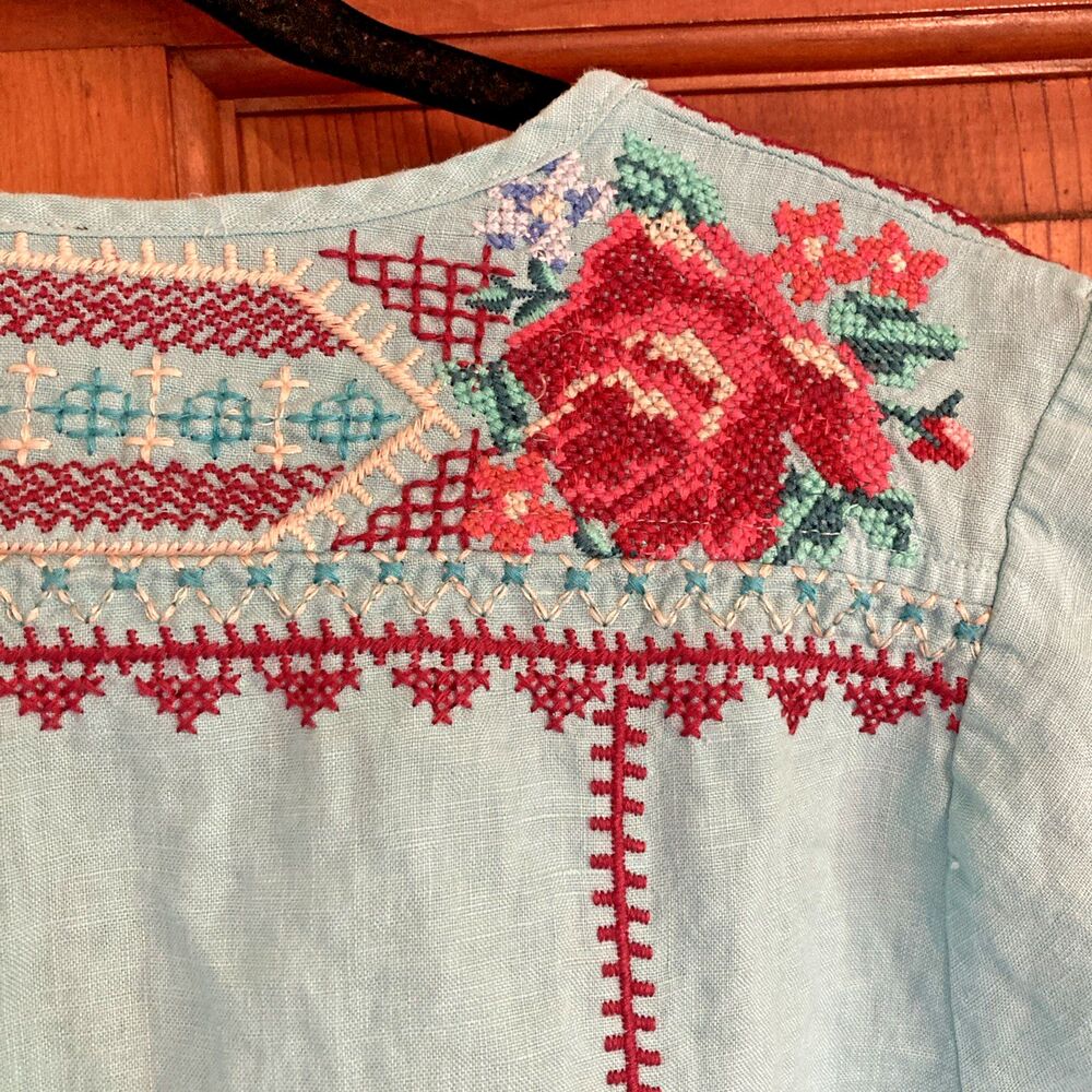 Johnny Was JWLA Womens S Blue V-Neck Embroidered Short Sleeve Tunic Rose Linen - Picture 7 of 11